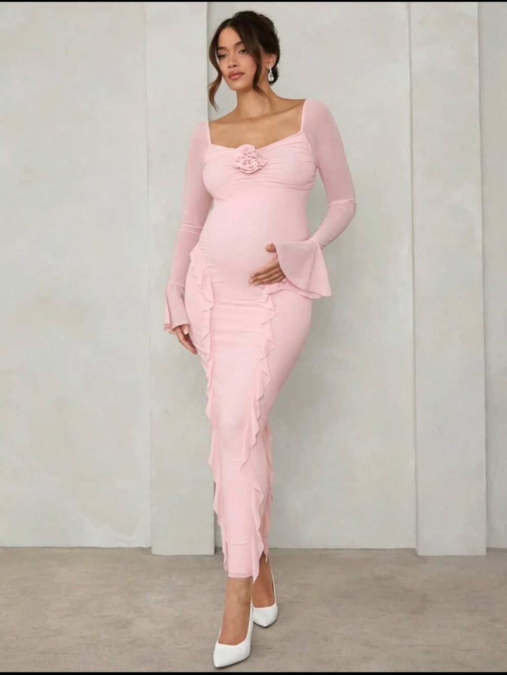 Elegant Pink Maternity Ruffle Maxi Dress